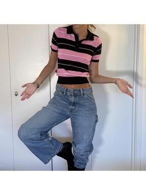 County FB pink and black striped cropped polo shirt